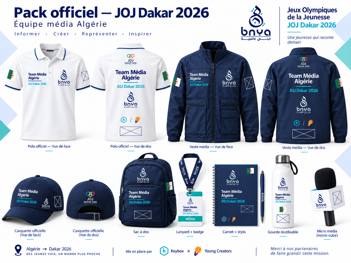Pack média officiel de l'équipe algérienne pour les JOJ Dakar 2026 : polos, vestes, casquettes, sac à dos, badge, carnet, gourde et micro média